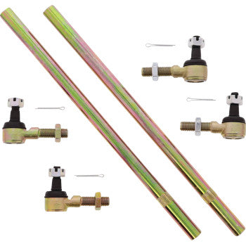Two gold-finished cylindrical rods and four 12 mm tie rod ends with pins from the Tie Rod Upgrade Kit by Moose Offroad, shown with fasteners and black-and-white plastic parts, arranged on a white background.