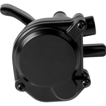 Close-up view of the Throttle Assembly by Moose Offroad—black, round central section, two connection pipes, handle, three visible screws. Made from high-quality aluminum for durability and a sleek look.