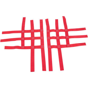 The Polaris - Yamaha - Suzuki - Nerf Bar Net Red by Motorsport Products features red webbing straps woven into a square mesh grid, with loose ends extending outward.