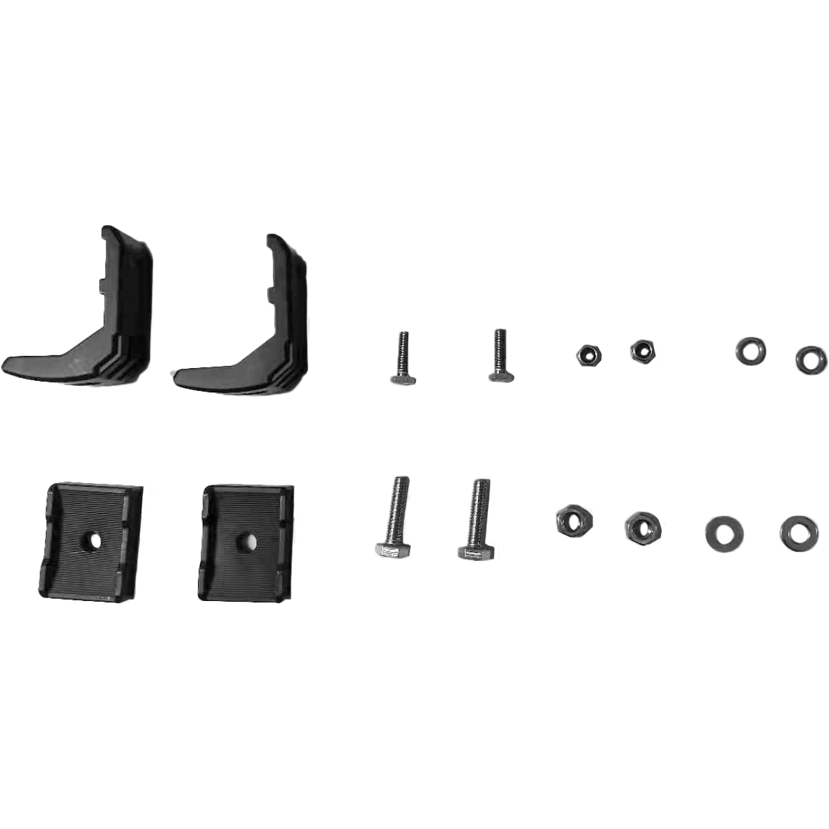 The Sliding Bracket For Stealth Pair by Open Trail includes two black plastic brackets, two black rectangular clips, four metal bolts, and six nuts and washers, all displayed on a clear background.