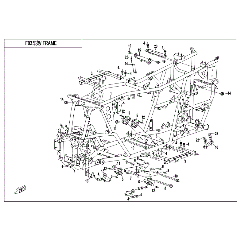 An Image of a genuine CFMOTO Parts Schematic Diagram showing the group - FRAME - 2018 CFMOTO CFORCE 400