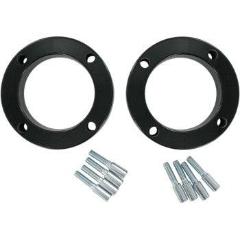 The Polaris Wheel Spacer Easy Fit 1.5 4/156 Front & Rear Kit by Dura Blue includes two black circular spacers with four holes each, shown side by side with eight silver bolts grouped below them on a white background.