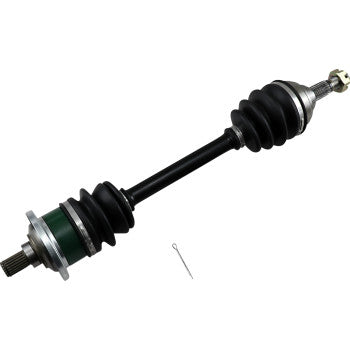 The Arctic Cat CV Axle Kit Complete OEM Replacement Standard Front Left & Right by Moose Offroad features rubber boots, a chromoly steel shaft, metal joints, and includes a small metal pin, all shown on a white background.