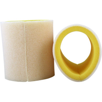 Two Kawasaki Foam Air Filters by No Toil—one upright shows the side, while the other lies on its side exposing a hollow opening and yellow inner layer for optimized motorcycle air filtration.
