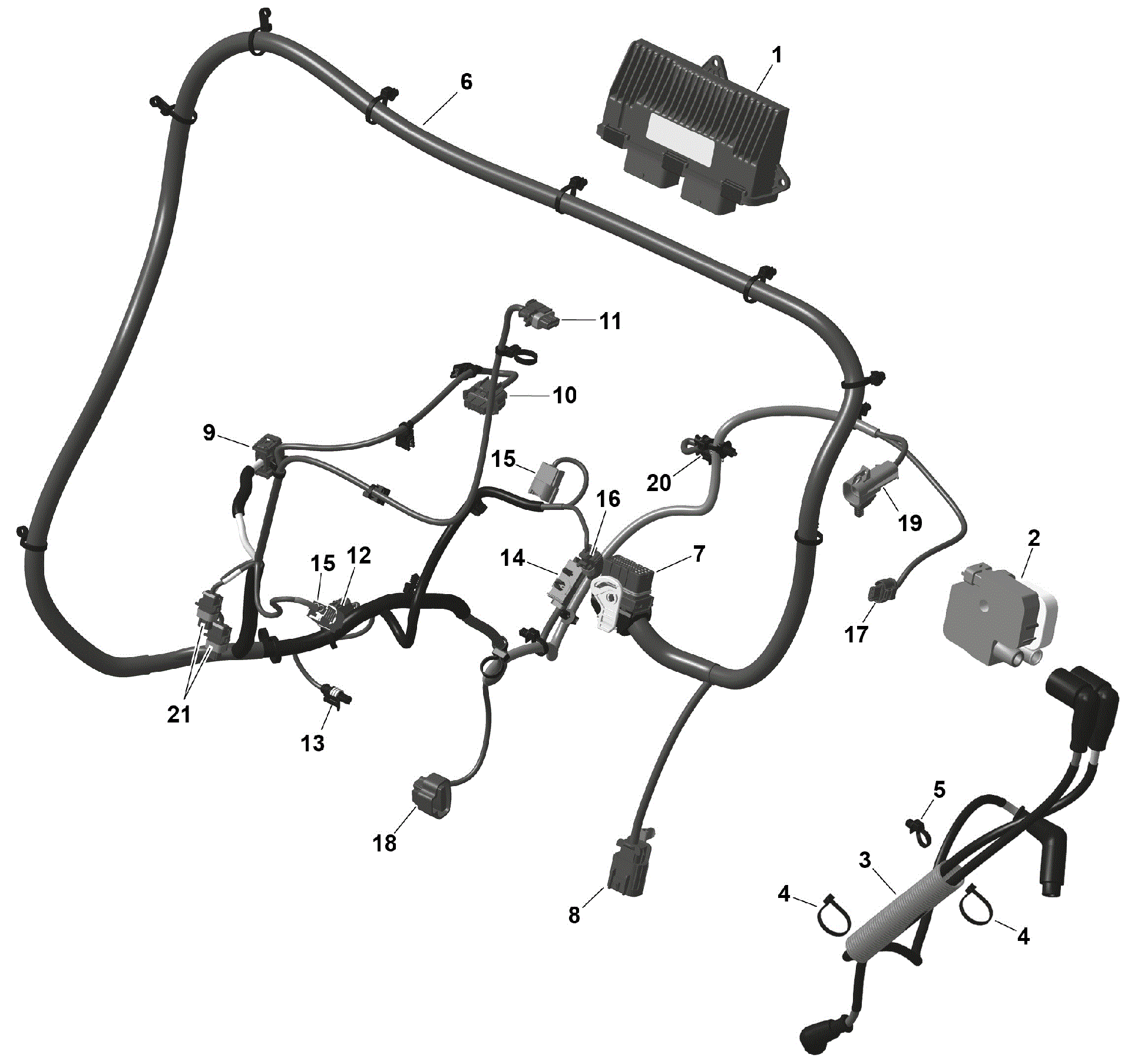 An Image of a Genuine Can-Am Parts Schematic Diagram showing the schematic - ROTAX - ENGINE HARNESS AND ELECTRONIC MODULE