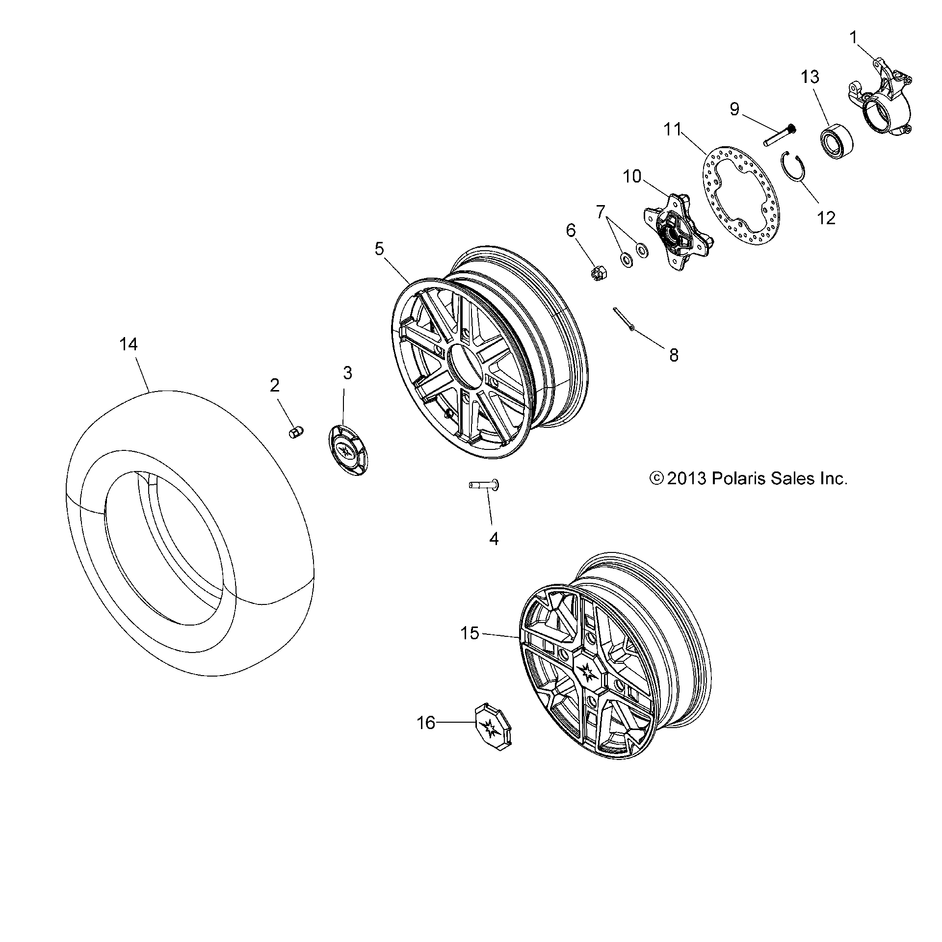 An Image of a Genuine Polaris Parts Schematic Diagram showing the schematic - WHEELS: FRONT and HUB - 2015 POLARIS SPORTSMAN 1000 XP