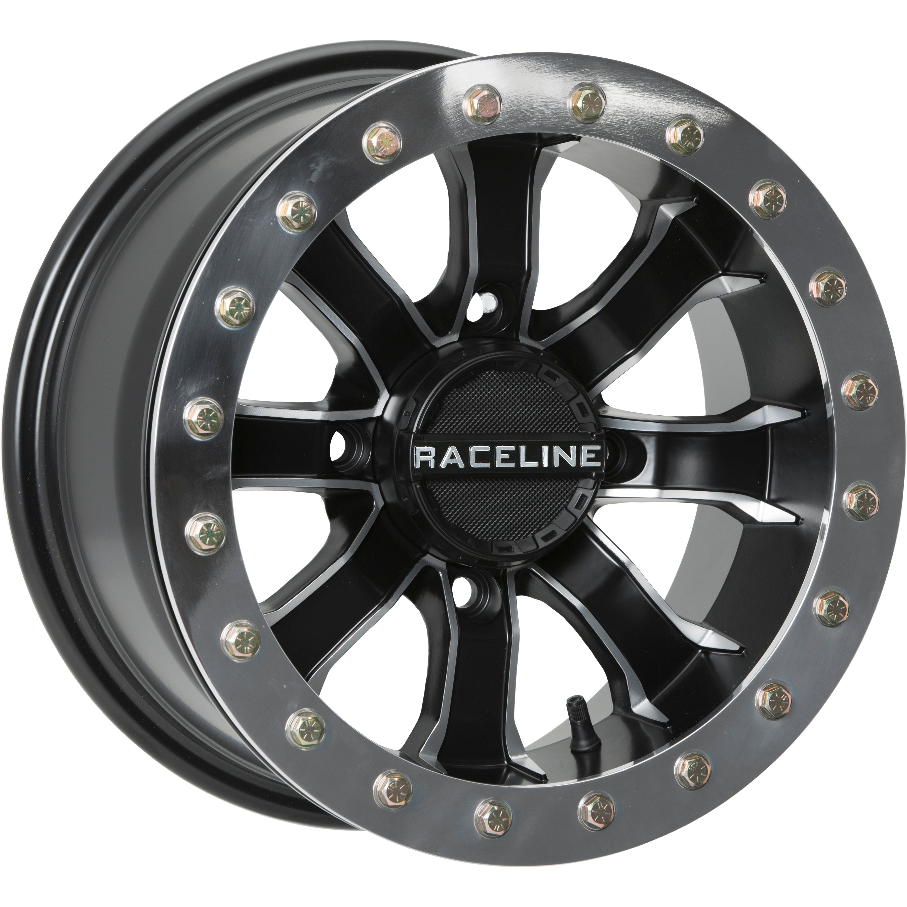 The Raceline ATV/UTV Black Mamba Beadlock Wheel (12x7, 4/156, 4+3, +5mm) features a black/machined multi-spoke design, metallic bolts, and "RACELINE" on the center cap—crafted from heavy-duty aluminum for UTVs.