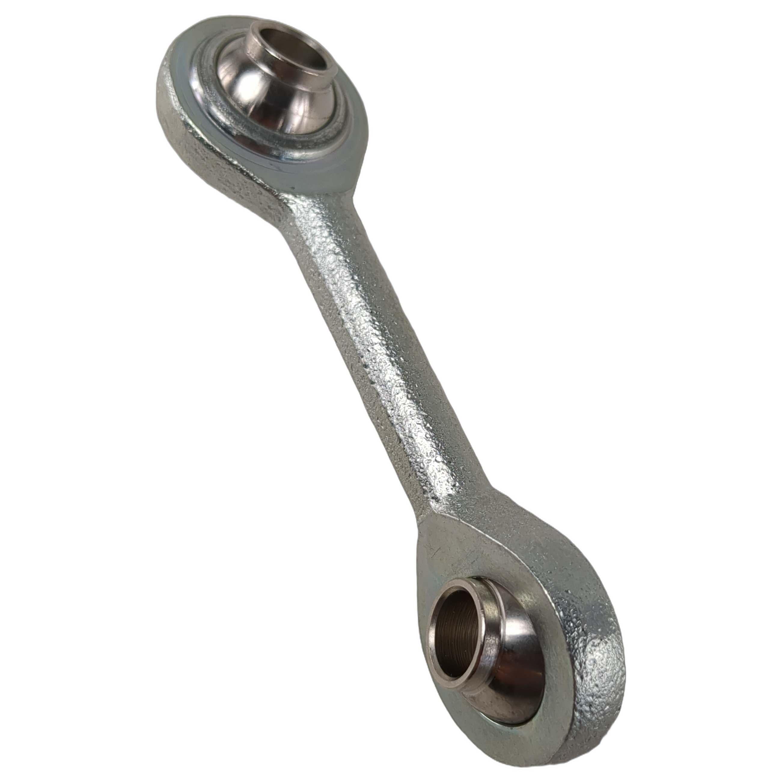 Silver metal sway bar link with round, smooth bushings on both ends and a textured central arm.