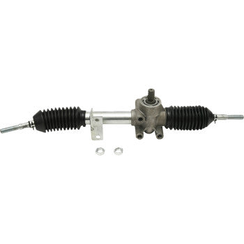 The Steering Rack by Moose Offroad features black rubber boots on both ends, a central metal housing, two mounting brackets, and visible tie-rod ends, displayed against a white background.