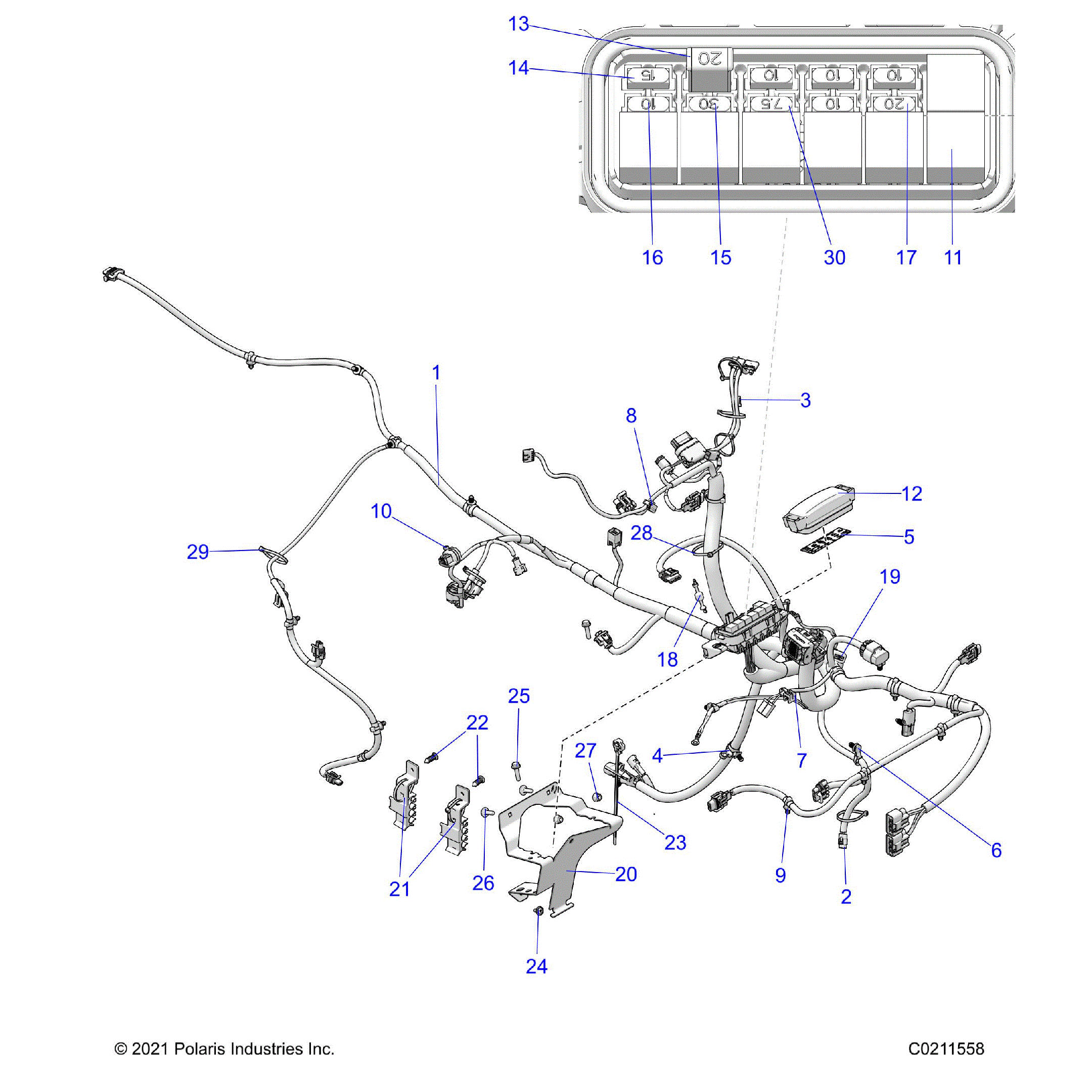 An Image of a Genuine Polaris Parts Schematic Diagram showing the schematic - ELECTRICAL: MAIN WIRE HARNESS - 2022 POLARIS SPORTSMAN 450 HO UTILITY