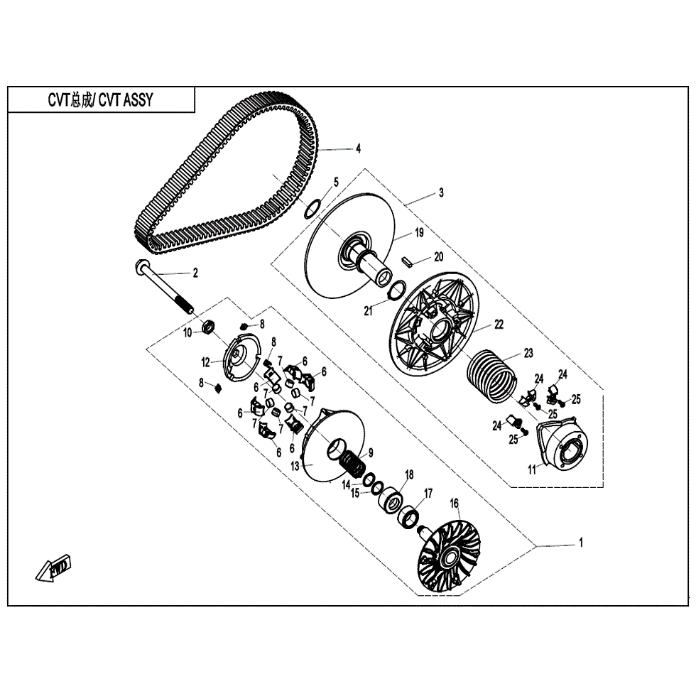 An Image of a genuine CFMOTO Parts Schematic Diagram showing the group - CLUTCH & CVT ASSY. - 2022 CFMOTO CFORCE 600 Touring