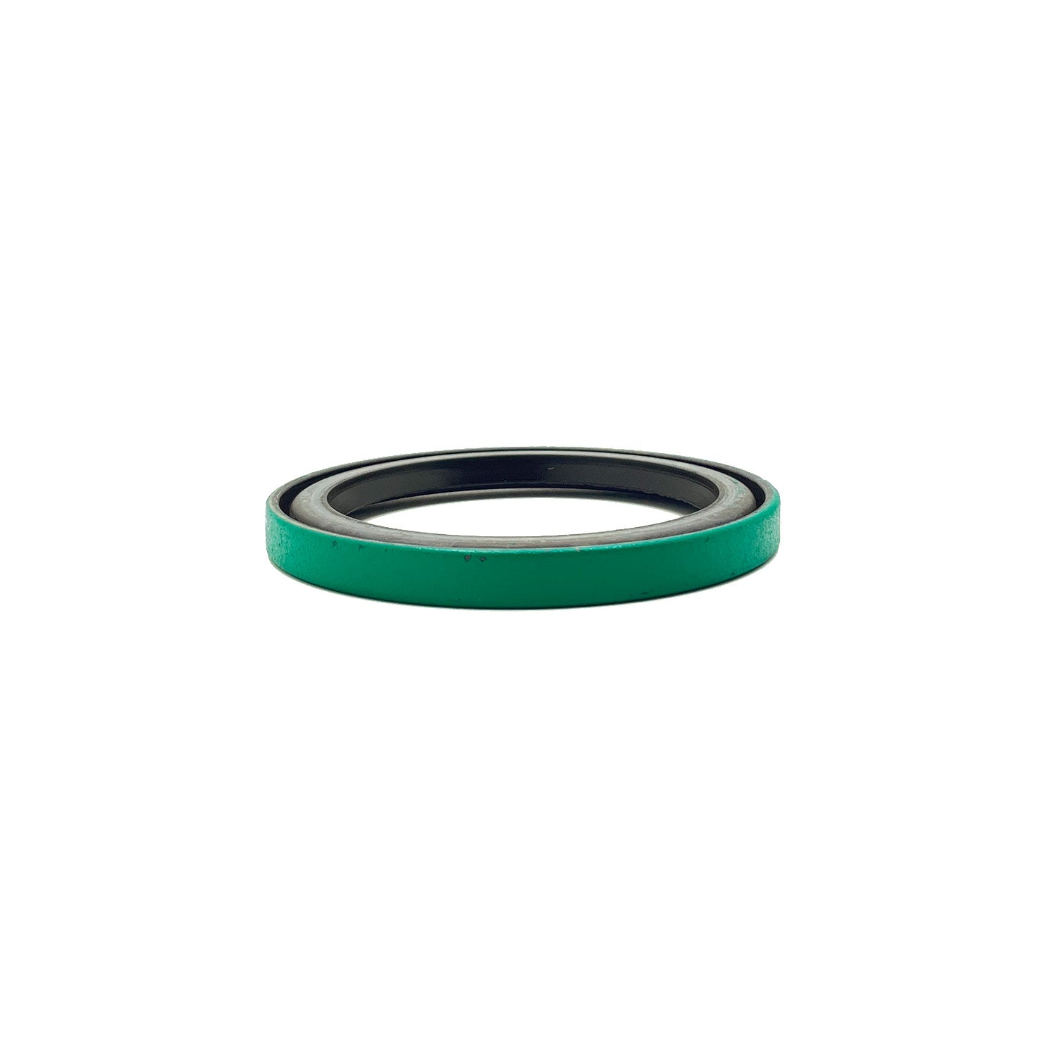 Green and black circular rubber lip seal with smooth surface and inner sealing edge.
