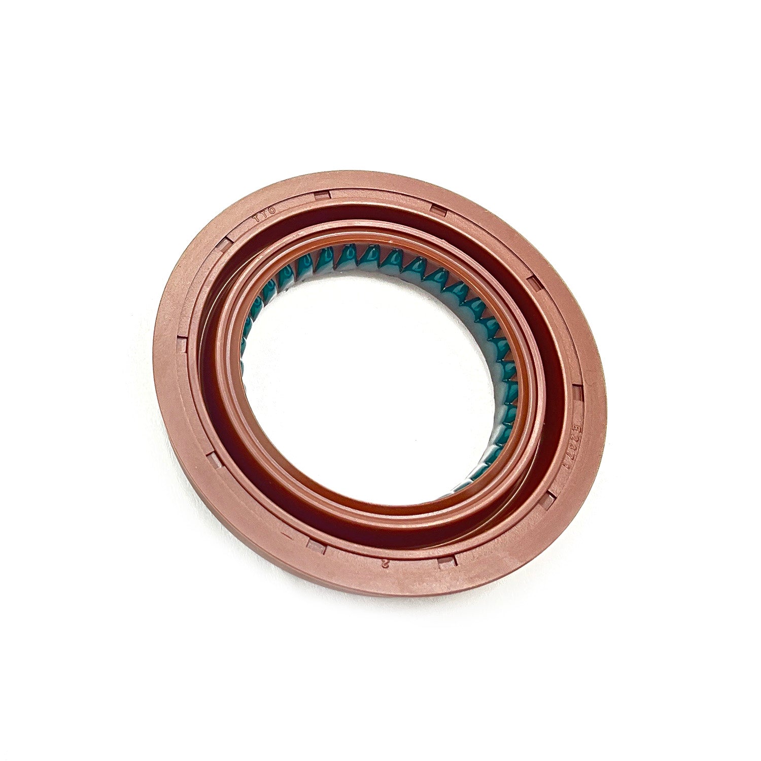 Brown rubber oil shaft seal with internal blue ridged sealing ring and circular design.