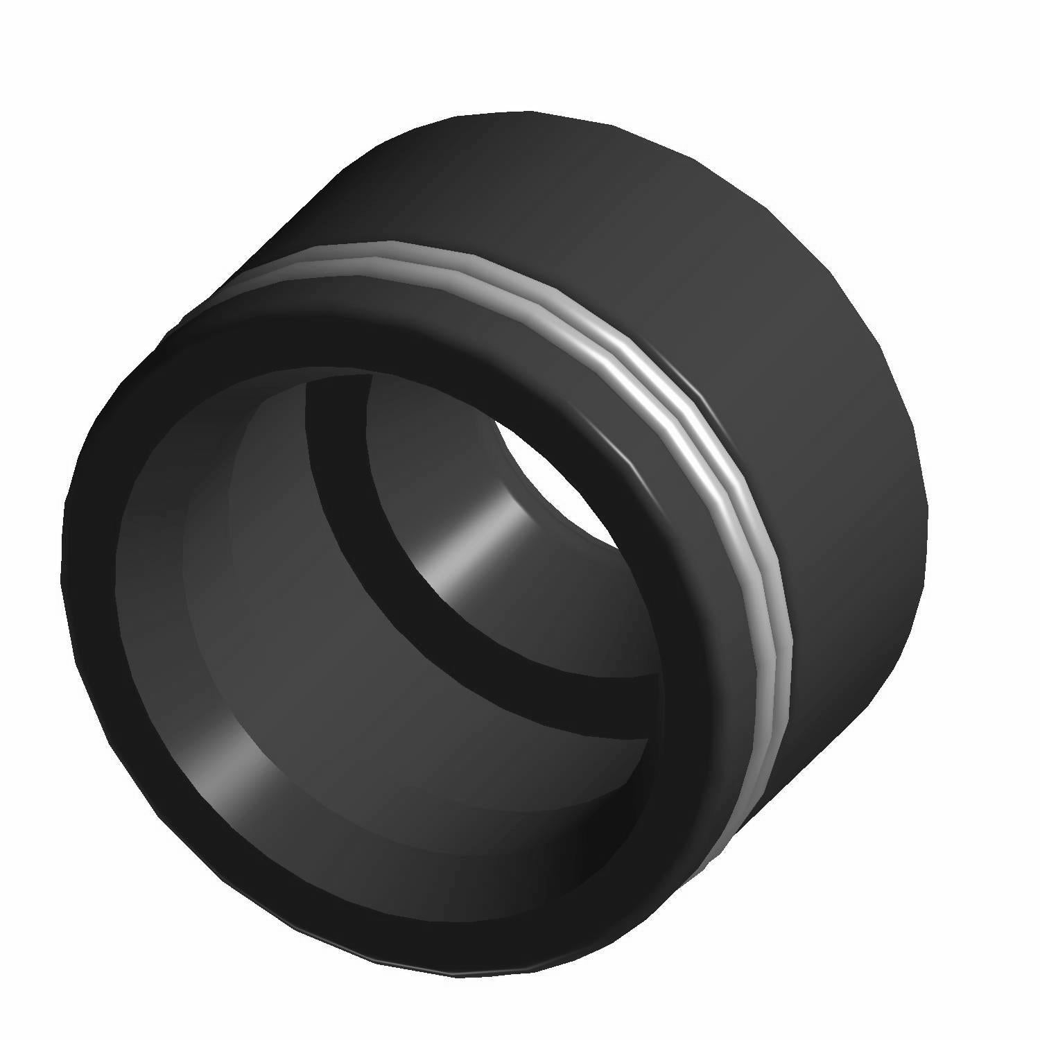Black cylindrical valve stem seal with smooth inner surface and silver sealing ring detail.