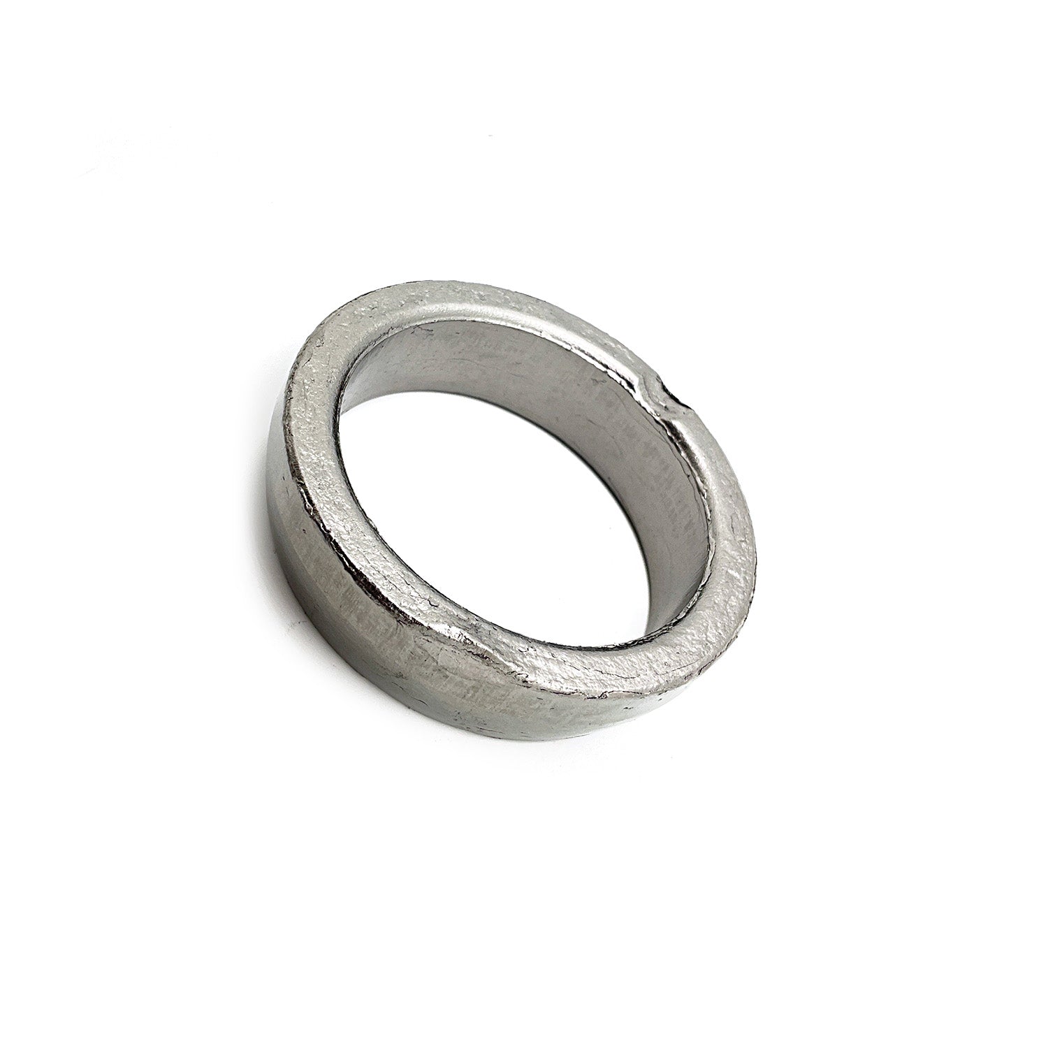 Silver metal exhaust gasket ring with a smooth, slightly beveled edge.