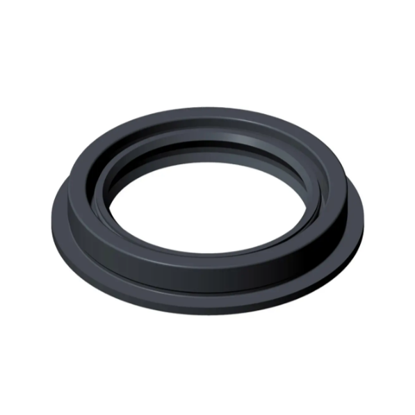 Black circular rubber crank pulley seal with grooved inner surface and tapered outer edge.