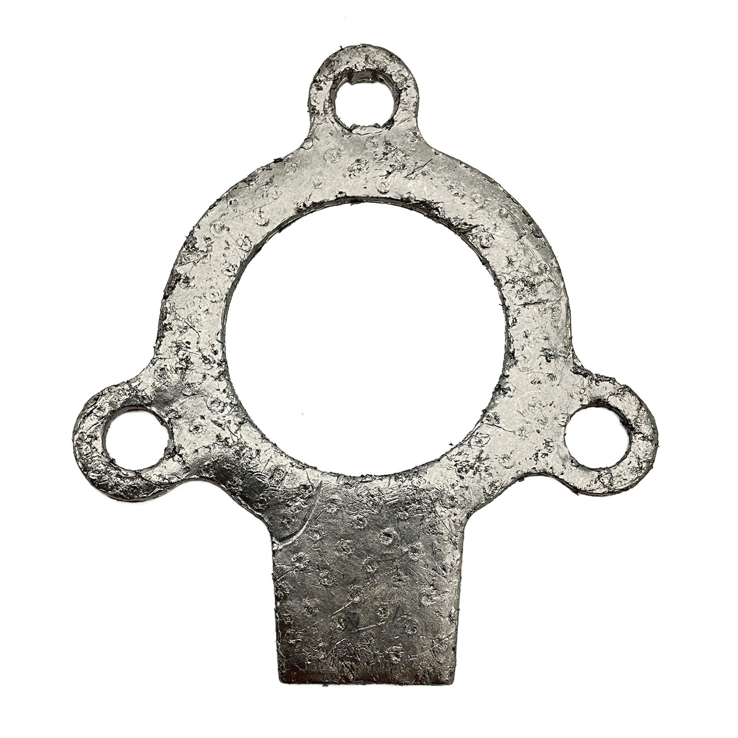 Silver metal exhaust gasket manifold with three mounting holes and a rough textured surface.