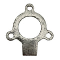 Silver metal exhaust gasket manifold with three mounting holes and a rough textured surface.