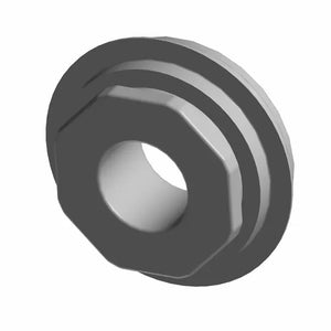 Gray metal water pump shaft seal with hexagonal outer shape and central circular hole.