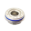 A close-up of the Seal, Wp Shaft by Polaris shows engraved text around its metal edge and a blue rubber ring, designed for use in industrial or OEM Victory Polaris motorcycle parts applications.