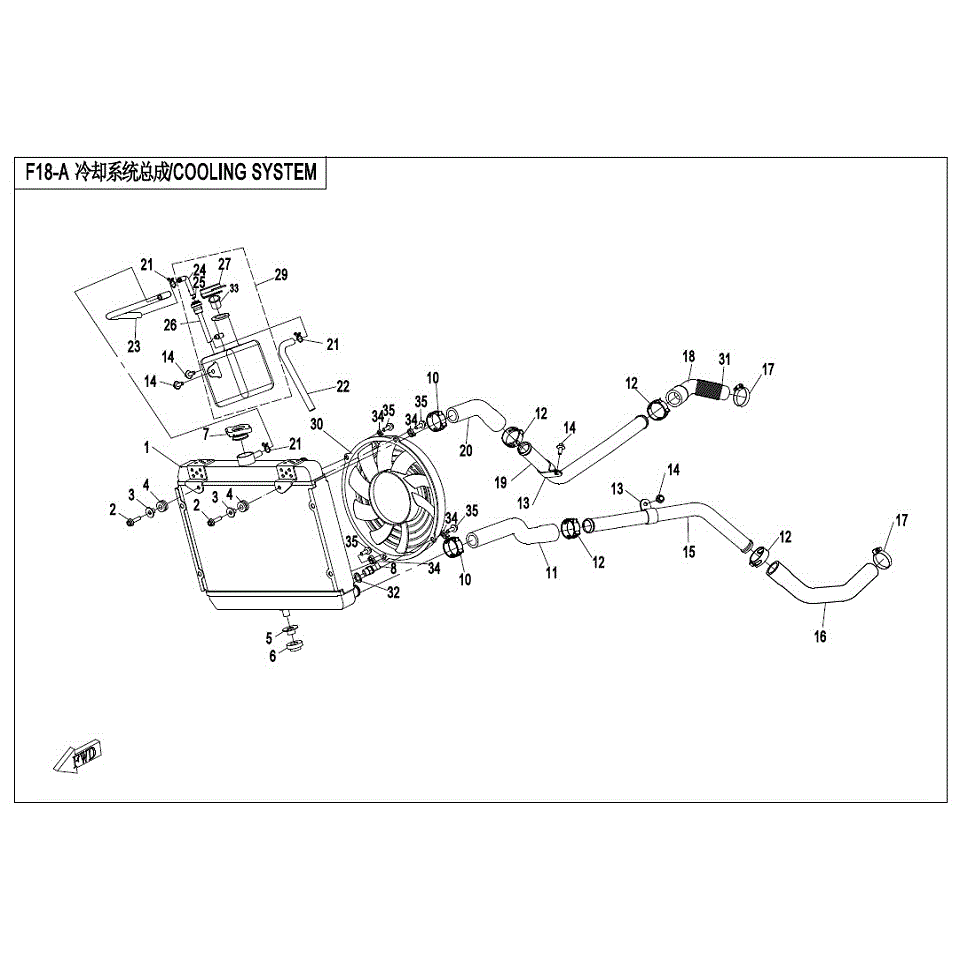 An Image of a genuine CFMOTO Parts Schematic Diagram showing the group - COOLING SYSTEM (NEW) - 2017 CFMOTO CFORCE 500 S