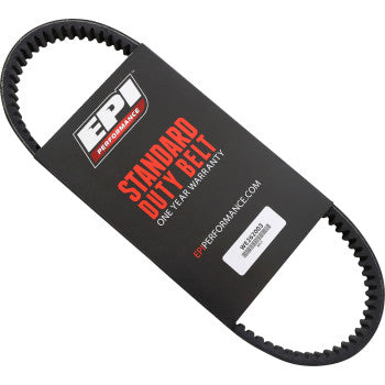 The packaging for the black Drive Belt by Epi displays the brand logo, product name, aramid-reinforced cord feature, one-year warranty details, and website URL on a black and red background.