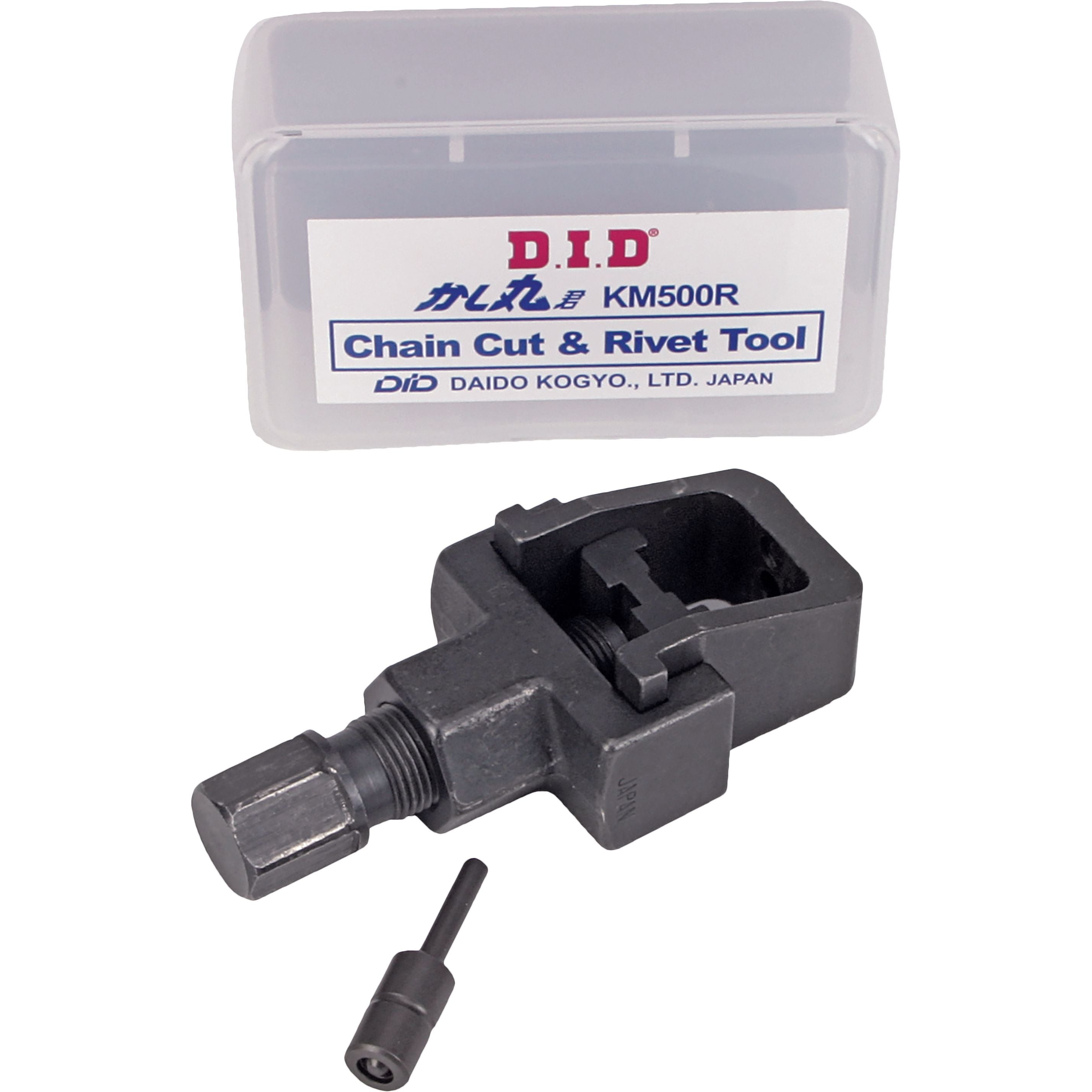 The D.I.D Chain Cut & Rivet Tool, suitable for 520, 525, 530, and 532 chains, comes with a small attachment and clear case—perfect for your denim pouch or tool kit.
