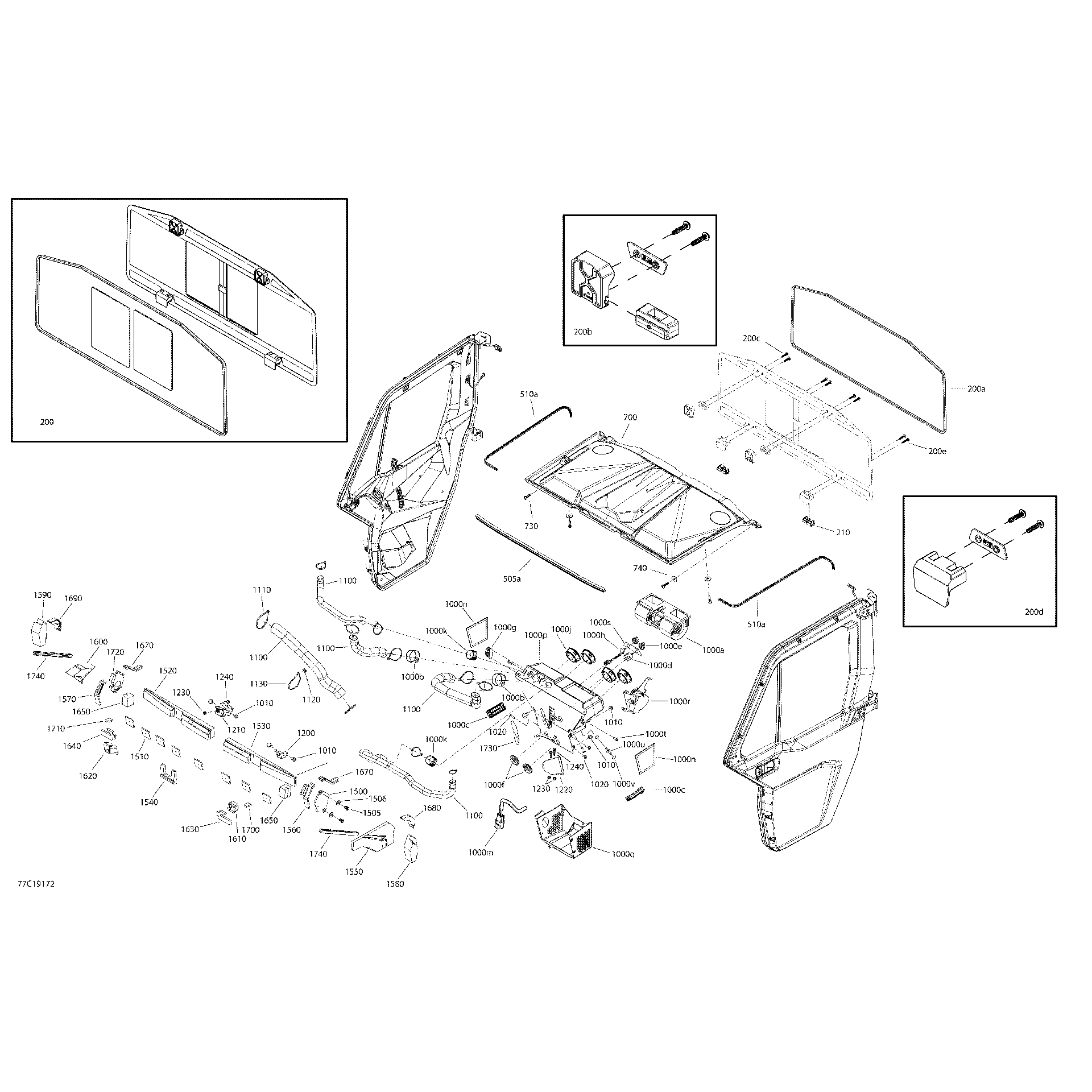 An Image of a Genuine Can-Am Parts Schematic Diagram showing the schematic - ENCLOSURE CAB - XT CAB - NORTH AMERICA - DASH & ROOF SECTION