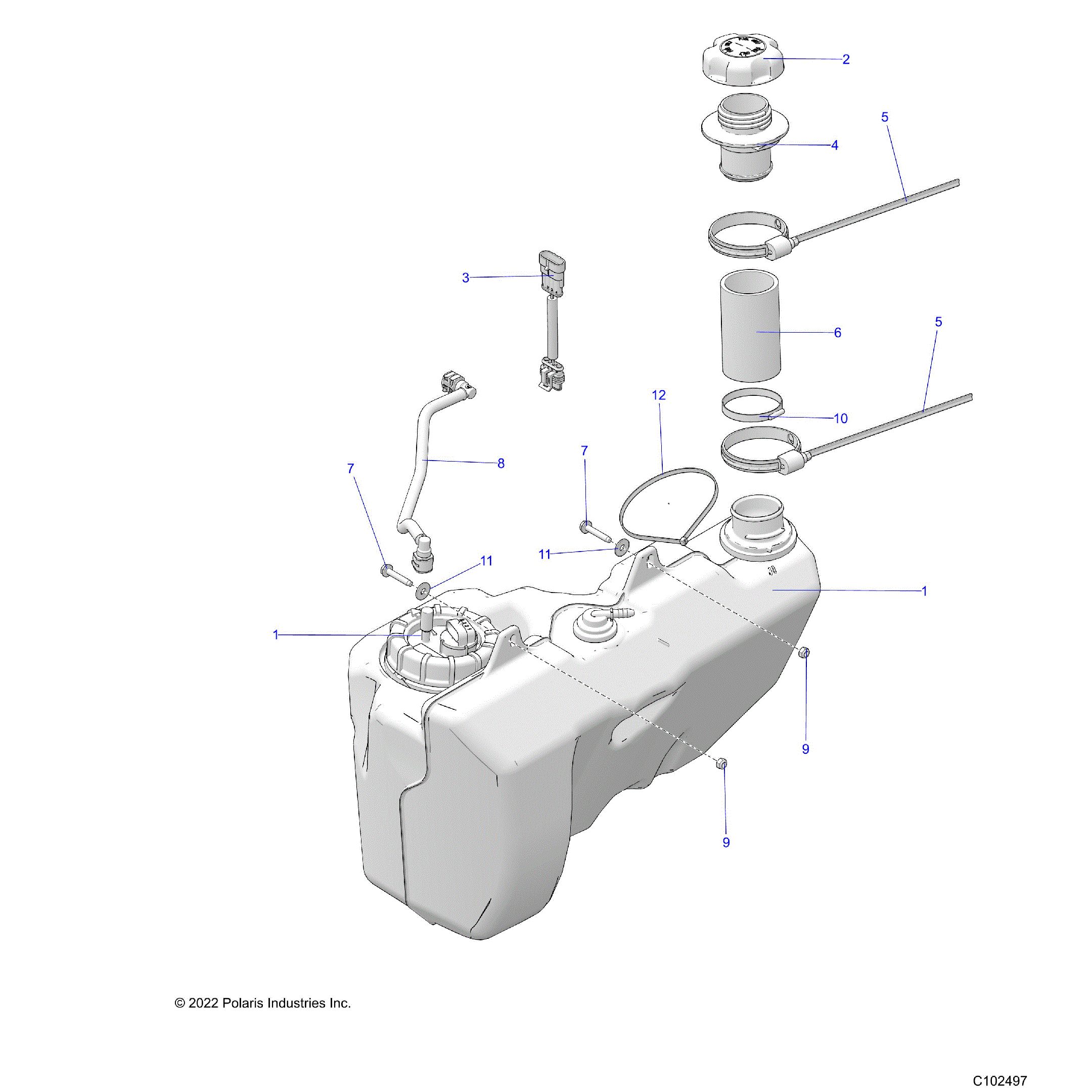 An Image of a Genuine Polaris Parts Schematic Diagram showing the schematic - BODY: FUEL TANK - 2021 POLARIS SPORTSMAN XP 1000 S 55"