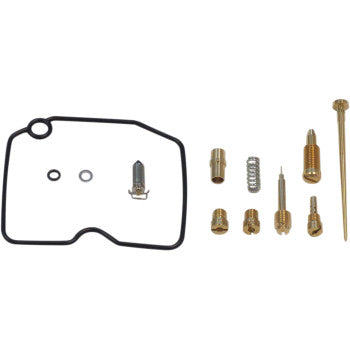The Arctic Cat Carburetor Repair Kit by Shindy includes a black gasket, two small O-rings, a needle valve, float valves, brass main jets, and screws, all neatly arranged on a white background.