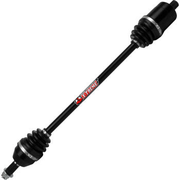 Black heavy-duty offroad axle with protective rubber boots and Demon branded label in the center.