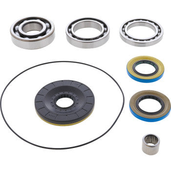The Can Am Differential Bearing Seal Kit Rear by Moose Offroad includes an EMQ bearing, three colored-ring seals, a black circular component, thin rubber seals, and a small cylindrical roller bearing—neatly displayed on a white background.