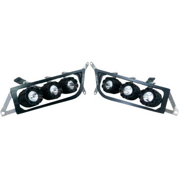 A pair of Polaris General Headlights by Heretic, featuring black frames, three round bulbs each, and advanced cooling fins, are angled toward each other against a white background.