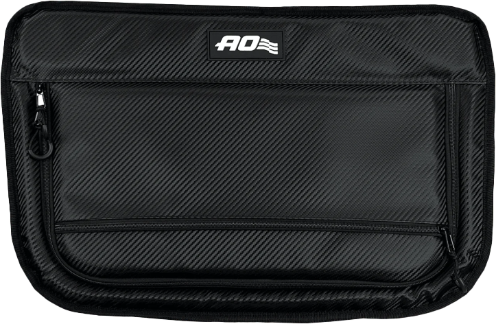 A black, textured zippered pouch with front pocket and AO white flag logo—perfectly sized to complement the 38 Pack Capacity Carbon Stow-N-Go Heavy Duty Cooler by AO Coolers.