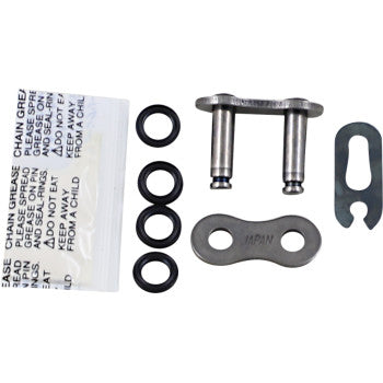 The 520 SRX2 Series Master Link by Ek includes two metal link plates, two pins, four O-rings, a small packet of grease, and a metal clip for chain repair, all shown on a white background.