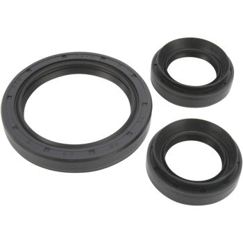 Three black TC rubber seals from the Yamaha Differential Seal Kit Front by Moose Offroad are arranged on a white background. The largest seal is on the left, while the two smaller ones overlap slightly on the right.