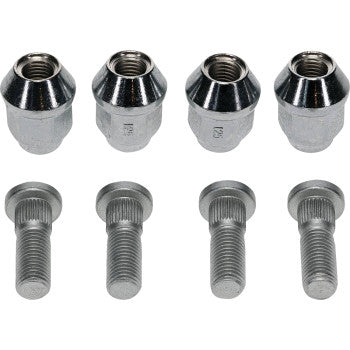 The Suzuki KingQuad Wheel Stud Nut Kit Front & Rear Rear Left by Moose Offroad features four metal tapered wheel nuts aligned above matching flat, ridged-head studs, all shown on a plain white background.