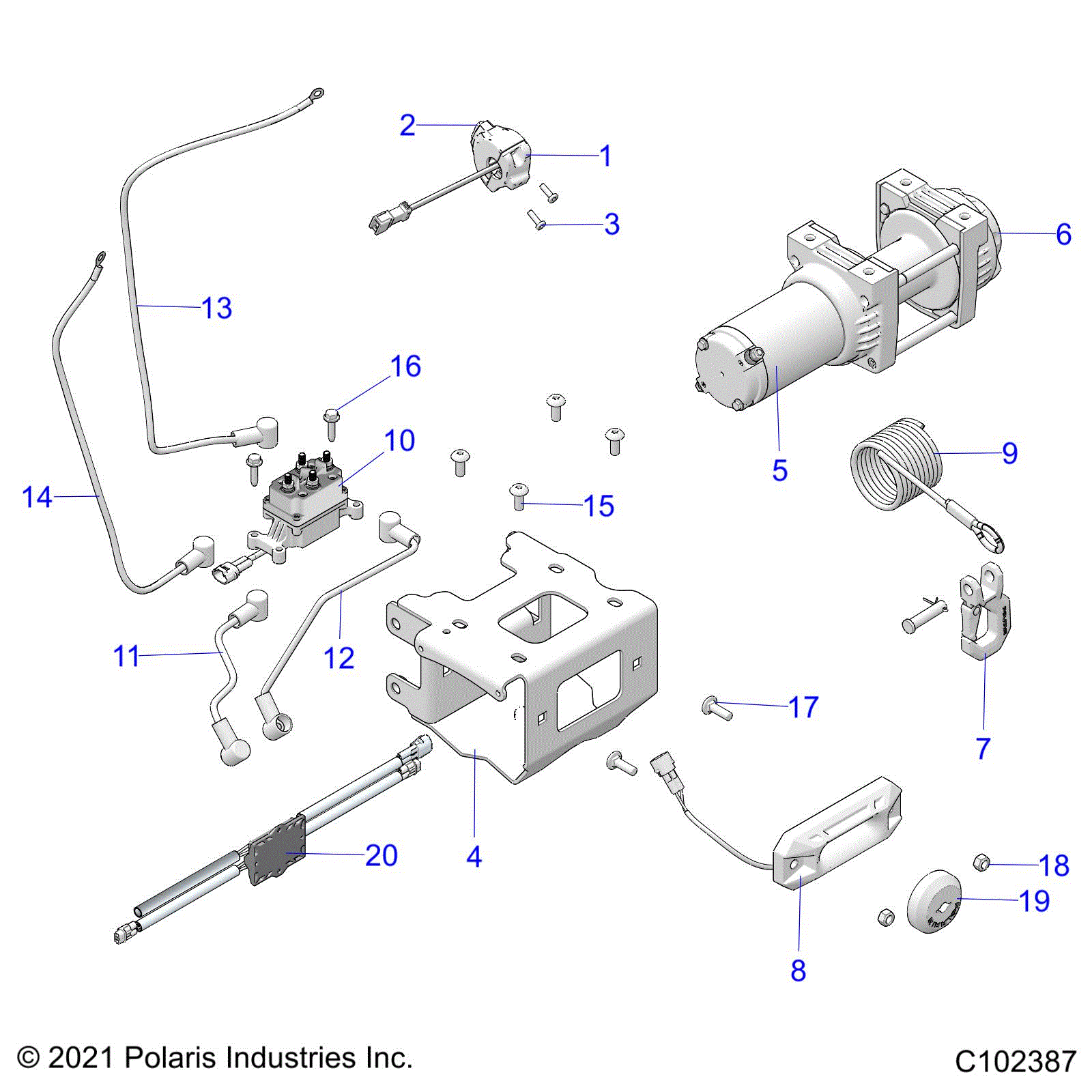An Image of a Genuine Polaris Parts Schematic Diagram showing the schematic - CHASSIS: WINCH - 2024 POLARIS SPORTSMAN XP 1000 48" LE RIDE COMMAND