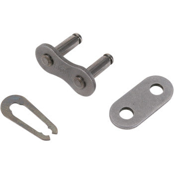 The 420 Standard Chain Connecting Chain Master Link by Ek includes two pins, a metal plate with two holes, and a U-shaped retaining clip, shown on a white background.
