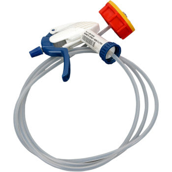 The 5 Liter Spray Hose by S100 is a coiled, clear hose with a blue and white trigger and red/yellow cap, designed for dispensing S100 Total Cycle Cleaner from a 5L refill canister.