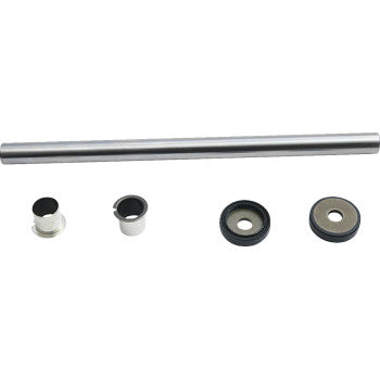 A Moose Offroad A-Arm Bearing Kit Front Lower, featuring a precision-ground shaft and five cylindrical OEM replacement parts of various sizes, is arranged in a row on a white background.