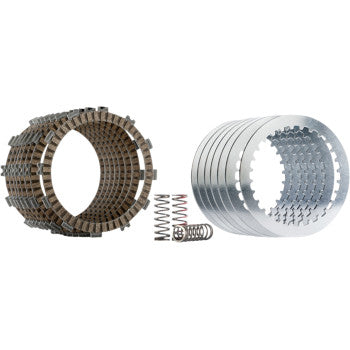 The Clutch Plate Kit by Hinson Racing, featuring friction plates, steel plates, and multiple springs, is displayed in separate groups next to a clutch basket on a white background.