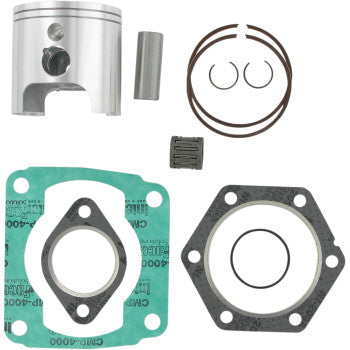 A Polaris Piston Kit with Gaskets 72.50 mm by Wiseco—featuring piston, rings, wrist pin, circlips, needle bearing, and top-end gasket kit—is neatly arranged on a white background.