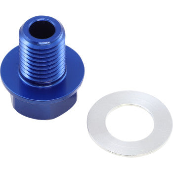 The Oil Adapter M12 x 1.5 x 15 by Koso North America, a blue metal threaded bolt with a wide flange, is displayed beside a flat silver aluminum washer on a white background.