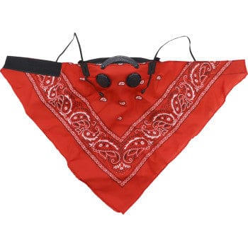 The Pro Series Rider Bandana Dust Mask Red by ATV-TEK is a red paisley bandana with a black moisture-wicking mask and straps, designed to help filter dust, shown flat pointed end down.