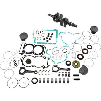 Complete engine rebuild kit with metal crankshaft, assorted gaskets in blue and black, O-rings, seals, clips, and small.