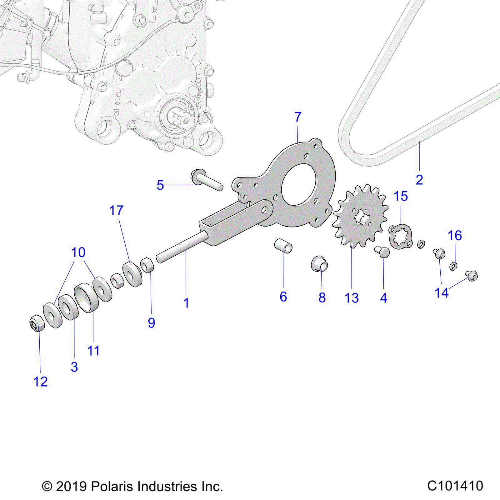 An Image of a Genuine Polaris Parts Schematic Diagram showing the schematic - DRIVE TRAIN: CHAIN TENSIONER AND SPROCKET - 2021 POLARIS ACE 150 EFI