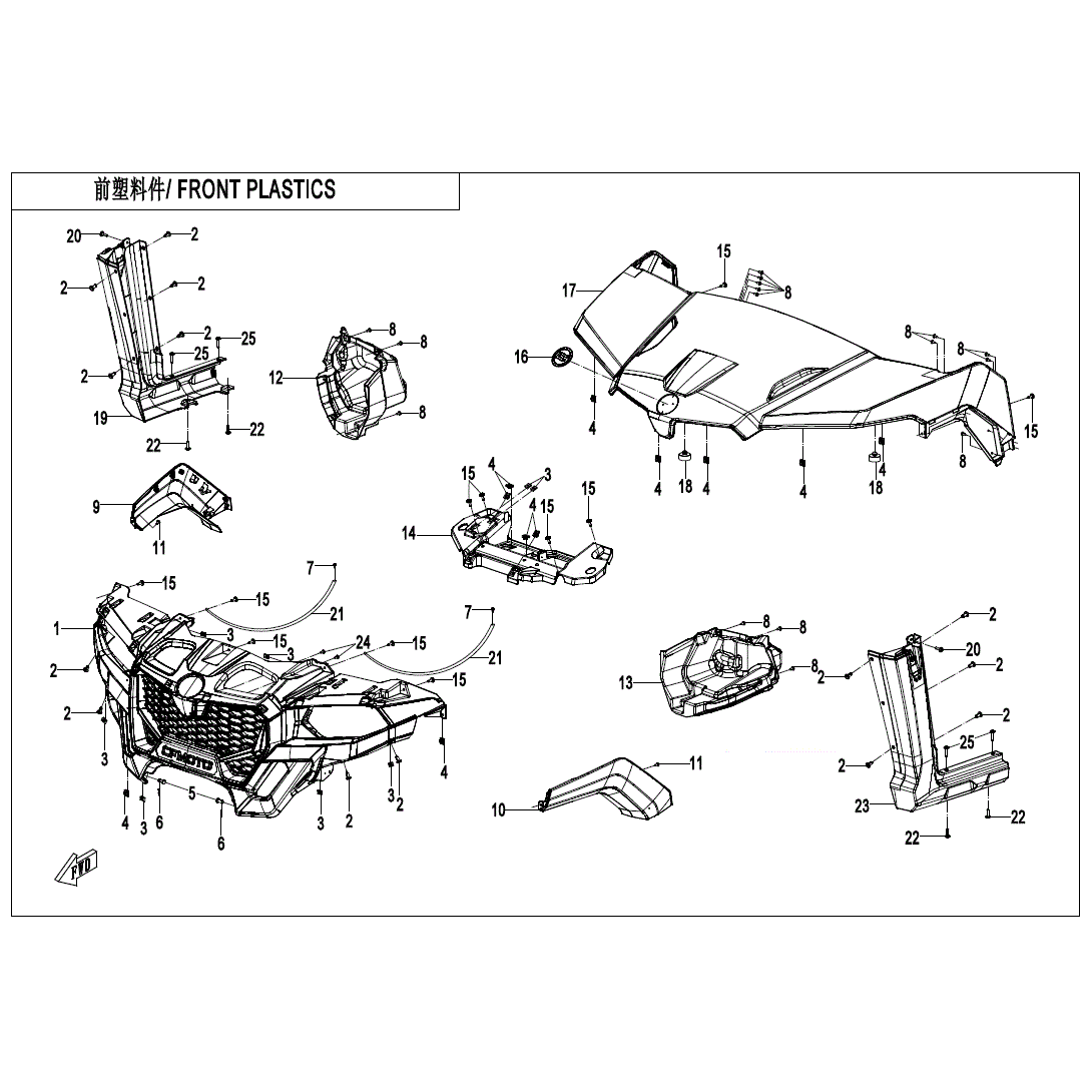An Image of a Genuine CFMOTO Parts Schematic Diagram showing the schematic - FRONT PLASTICS - 2025 CFMOTO UFORCE 800 XL