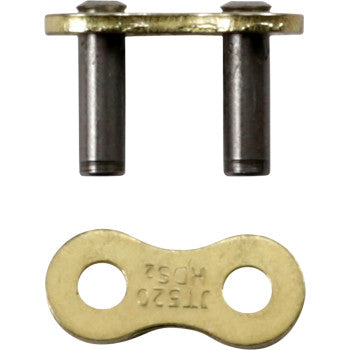 The 520 HDS GB Replacement Master Link Rivet by JT Chains is a gold-colored motorcycle chain connector with two metal pins and a matching plate, displayed against a white background.