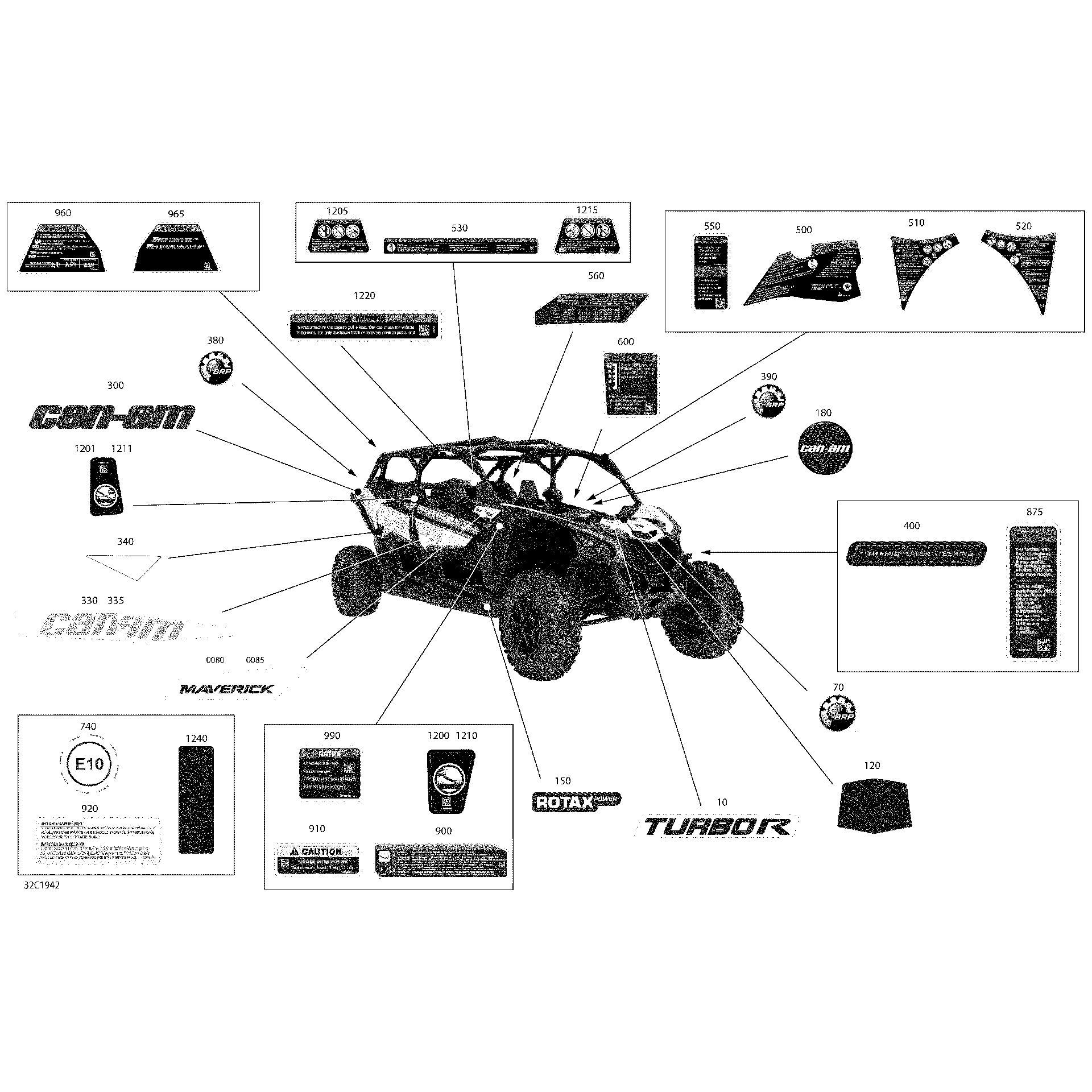An Image of a Genuine Can-Am Parts Schematic Diagram showing the schematic - DECALS - TURBO R - PACKAGE STD - NORTH AMERICA